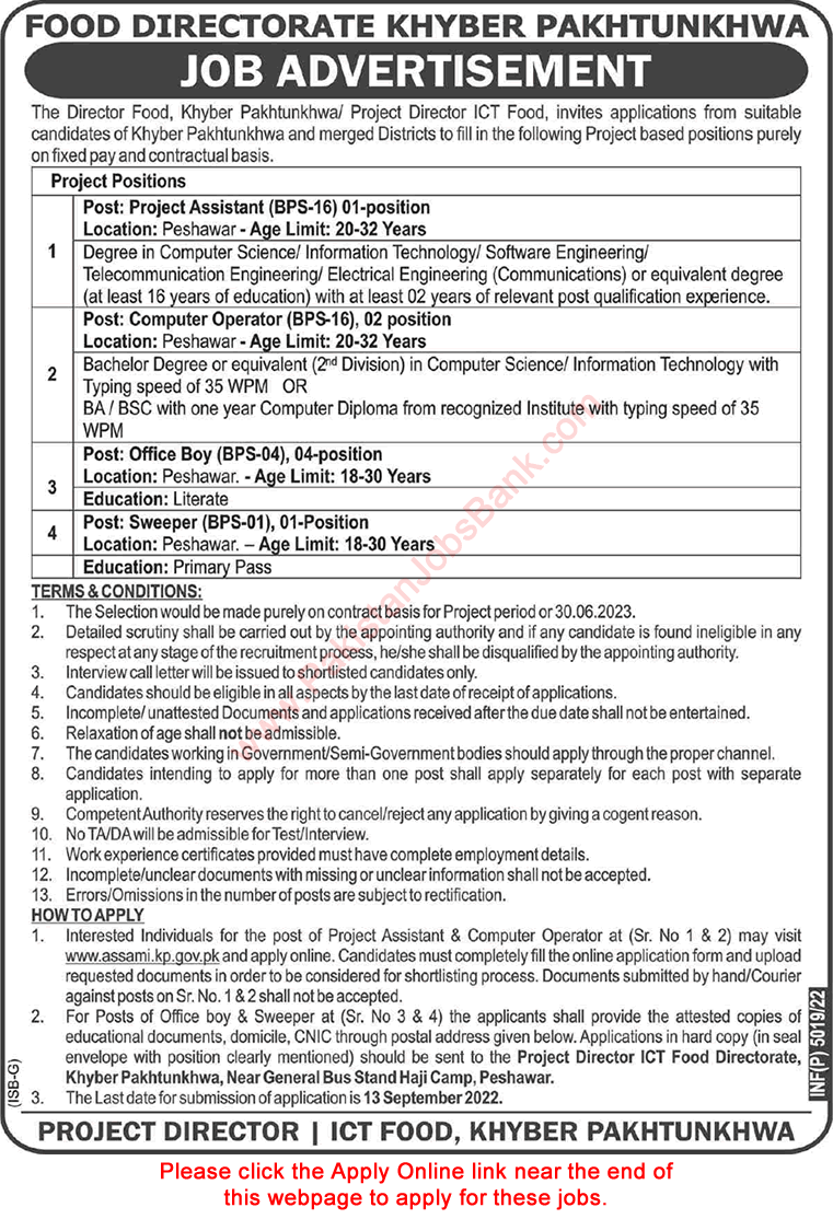 Food Department KPK Jobs August 2022 ETEA Online Apply Office Boys, Computer Operators & Others Latest