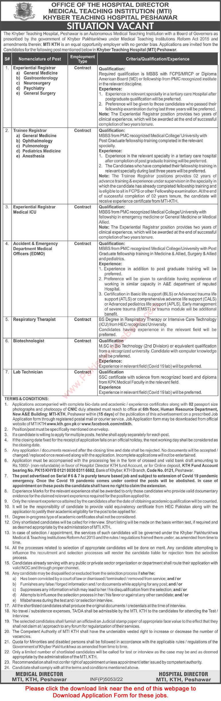 Khyber Teaching Hospital Peshawar Jobs August 2022 MTI KTH Application Form Trainee Registrars & Others Latest