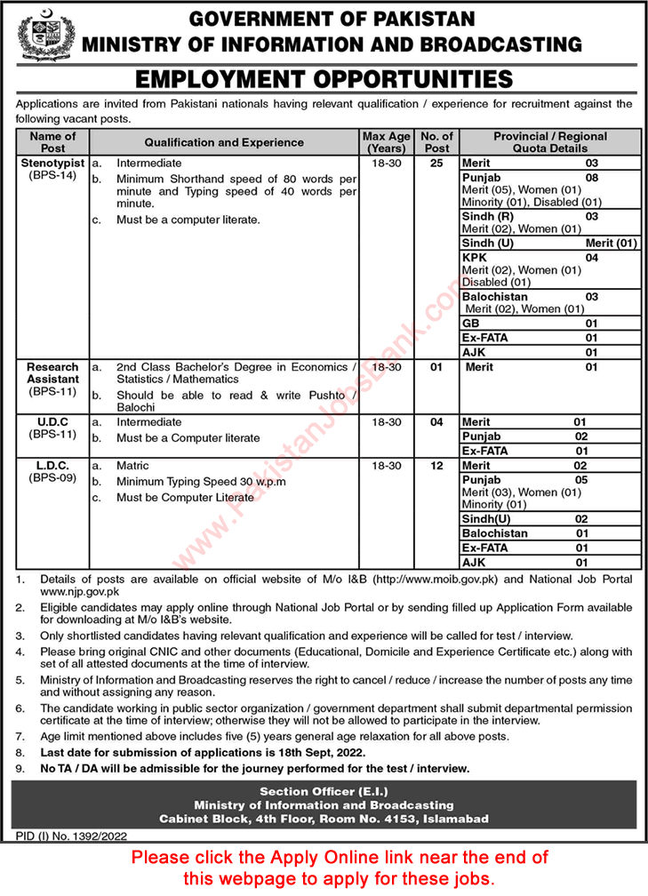 Ministry of Information and Broadcasting Jobs September 2022 Stenotypists, Clerks & Others Latest