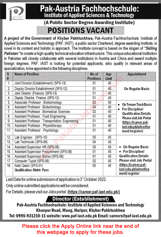 PAF IAST Haripur Jobs September 2022 Apply Online Pak-Austria Fachhochschule Institute of Applied Sciences and Technology Latest