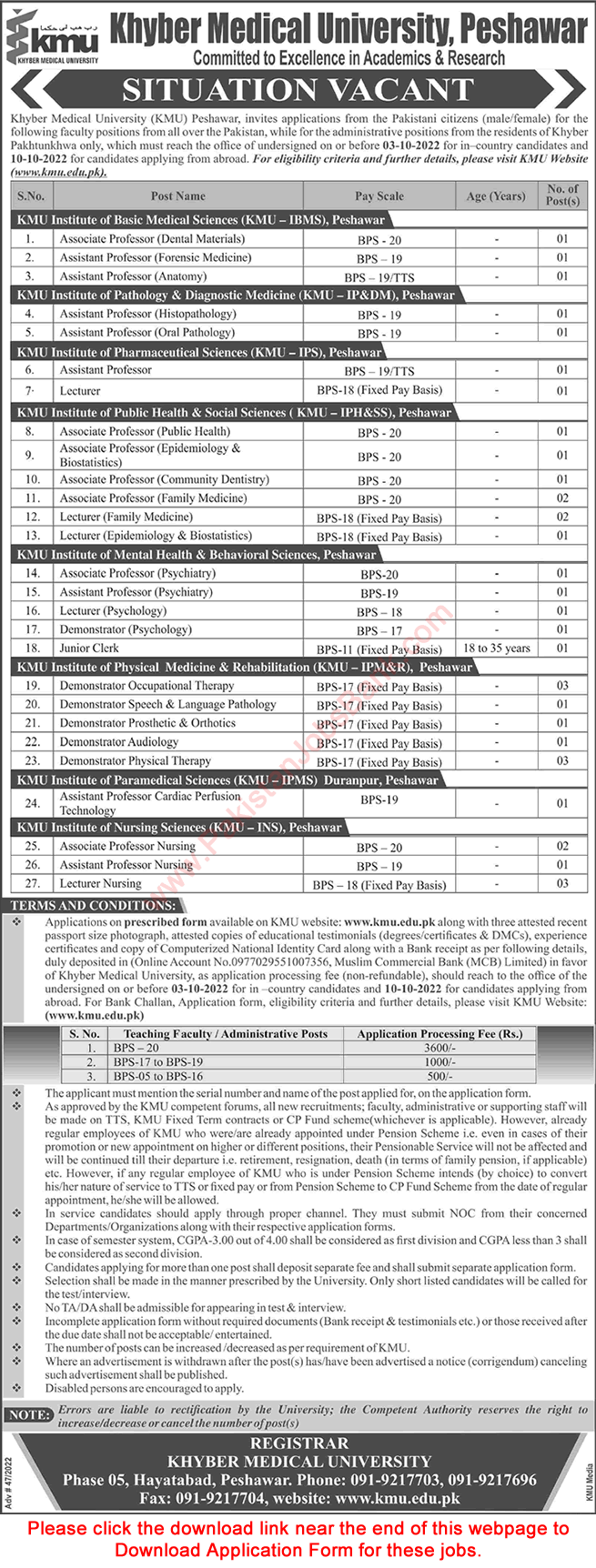 Khyber Medical University Peshawar Jobs September 2022 Application Form KMU Teaching Faculty & Clerk Latest