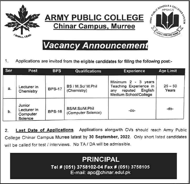 Lecturer Jobs in Army Public College Chinar Campus Murree 2022 September APC Latest