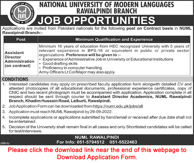 Assistant Director Jobs in NUML University Rawalpindi 2022 September Application Form Latest