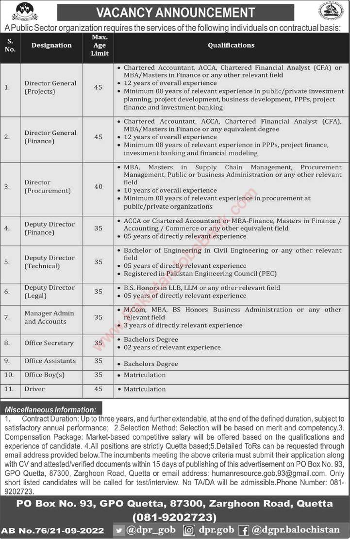 PO Box 93 GPO Quetta Jobs 2022 September Deputy Directors, Office Assistants & Others Latest