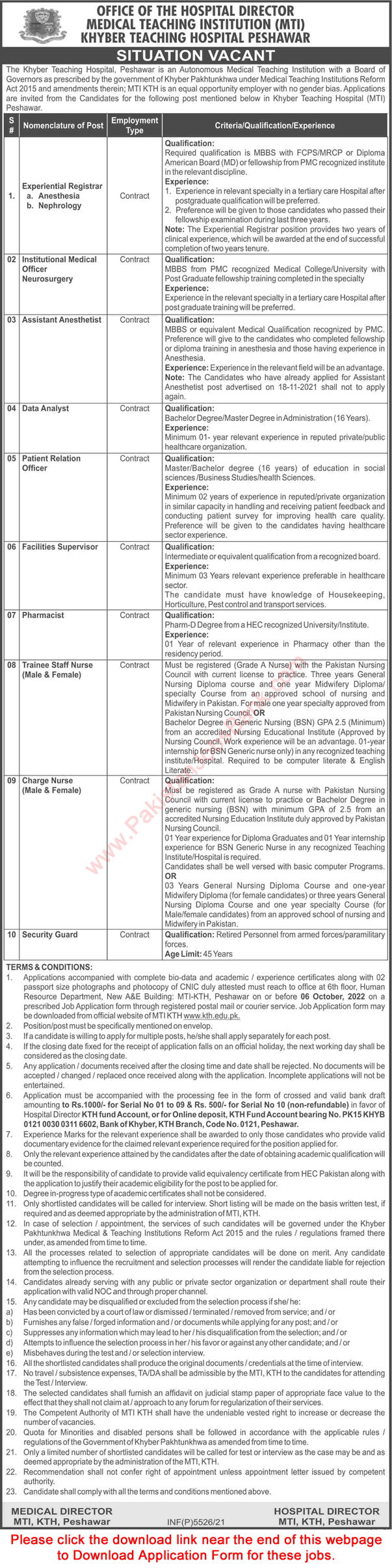 Khyber Teaching Hospital Peshawar Jobs September 2022 KTH MTI Application Form Nurses & Others Latest