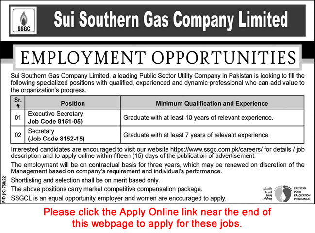 Executive Secretary Jobs in SSGC September 2022 Apply Online Sui Southern Gas Company Limited Latest