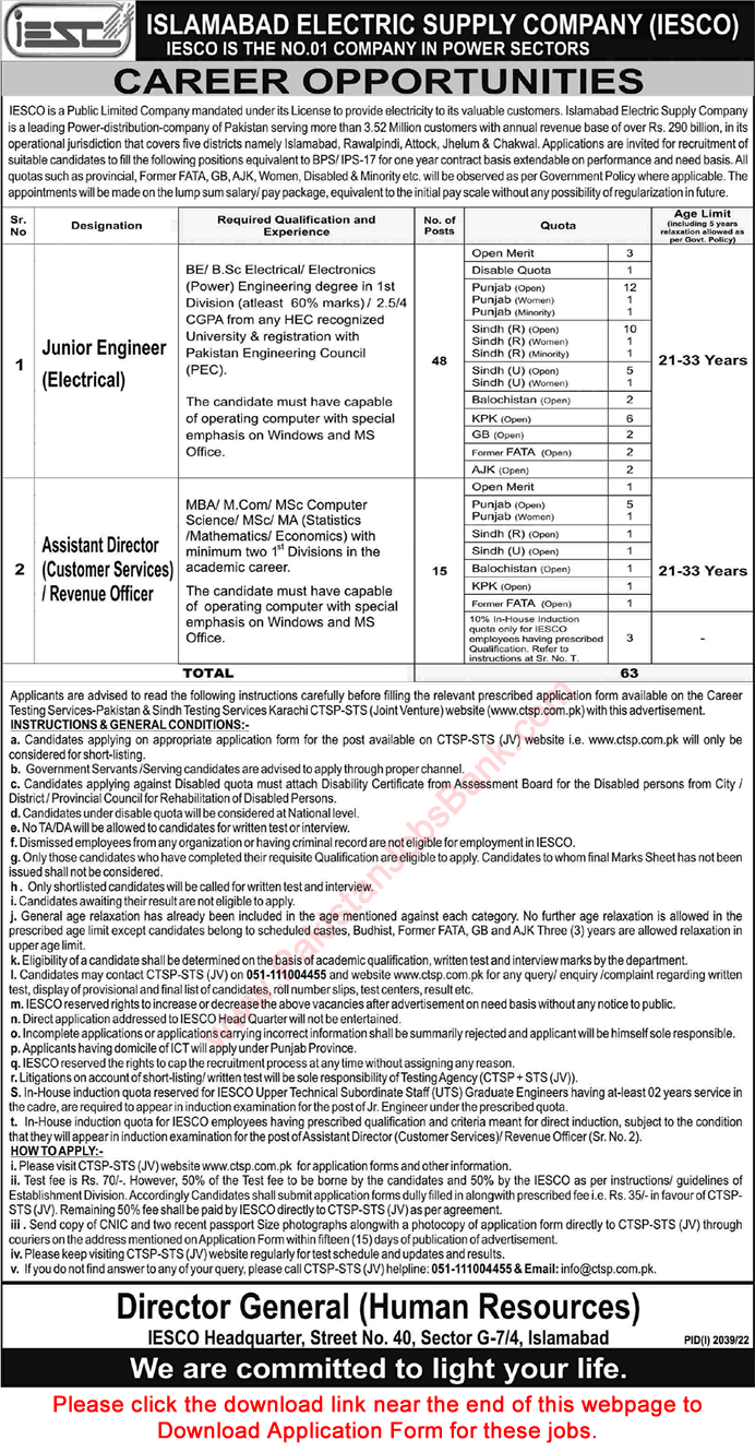 IESCO Jobs 2022 September / October WAPDA CTSP Application Form Junior Electrical Engineers & Others Latest