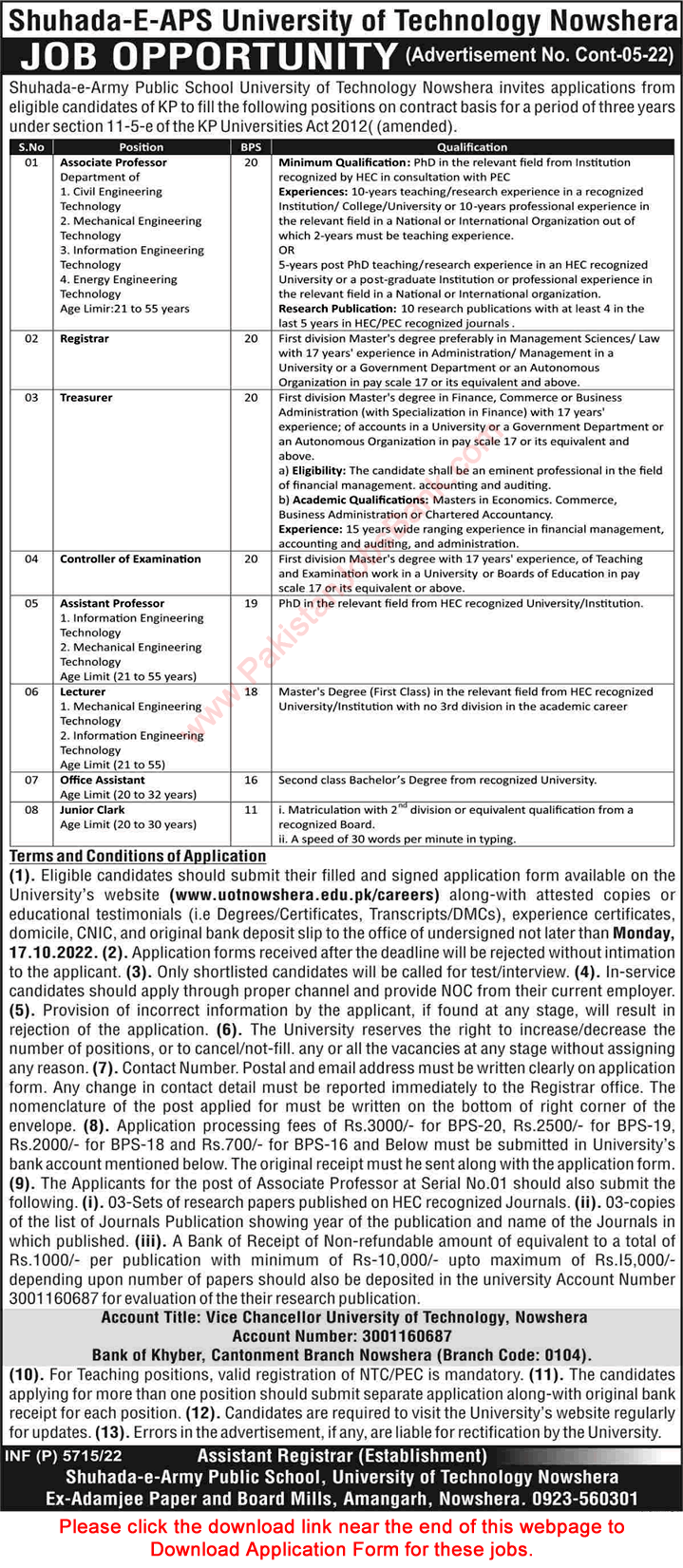 University of Technology Nowshera Jobs October 2022 Application Form Shuhada-e-APS Latest