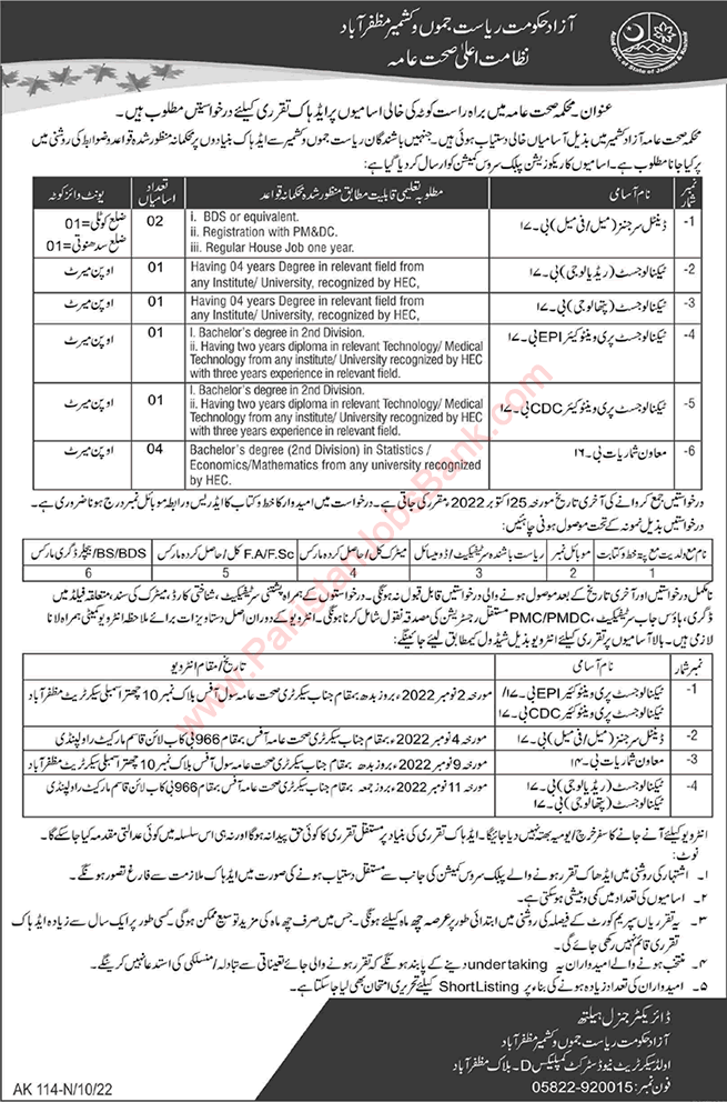 Health Department AJK Jobs October 2022 Medical Technologists, Dental Surgeon & Muawin Latest