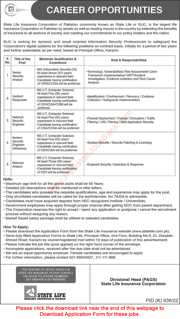 State Life Insurance Corporation of Pakistan Jobs October 2022 Application Form SLIC Latest