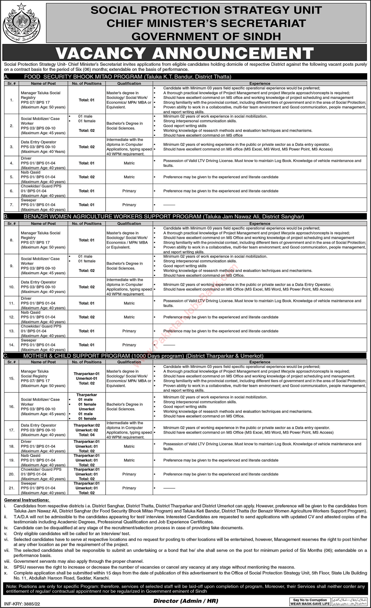 Chief Minister's Secretariat Sindh Jobs October 2022 Data Entry Operators & Others Social Protection Strategy Unit Latest