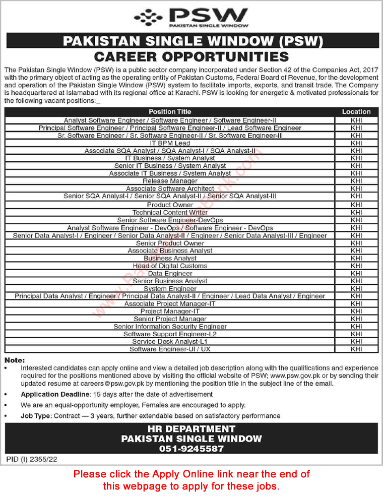 Pakistan Single Window Karachi Jobs October 2022 PSW Online Apply Software Engineers, Analysts & Others Latest