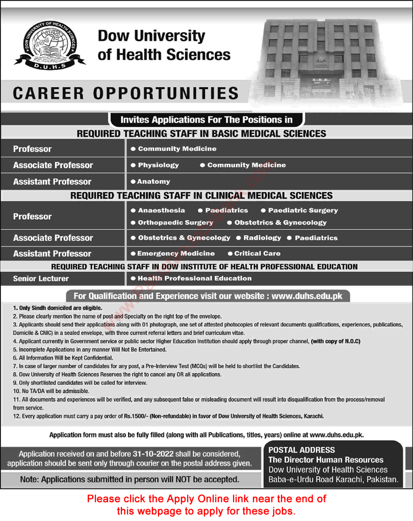 Teaching Faculty Jobs in Dow University of Health Sciences Karachi October 2022 DUHS Apply Online Latest