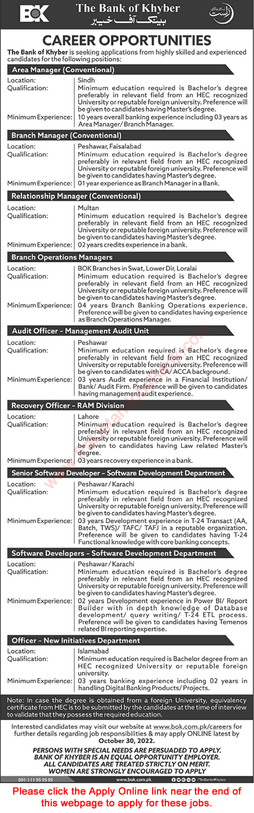 Bank of Khyber Jobs October 2022 BOK Online Apply Relationship / Branch Managers & Others Latest