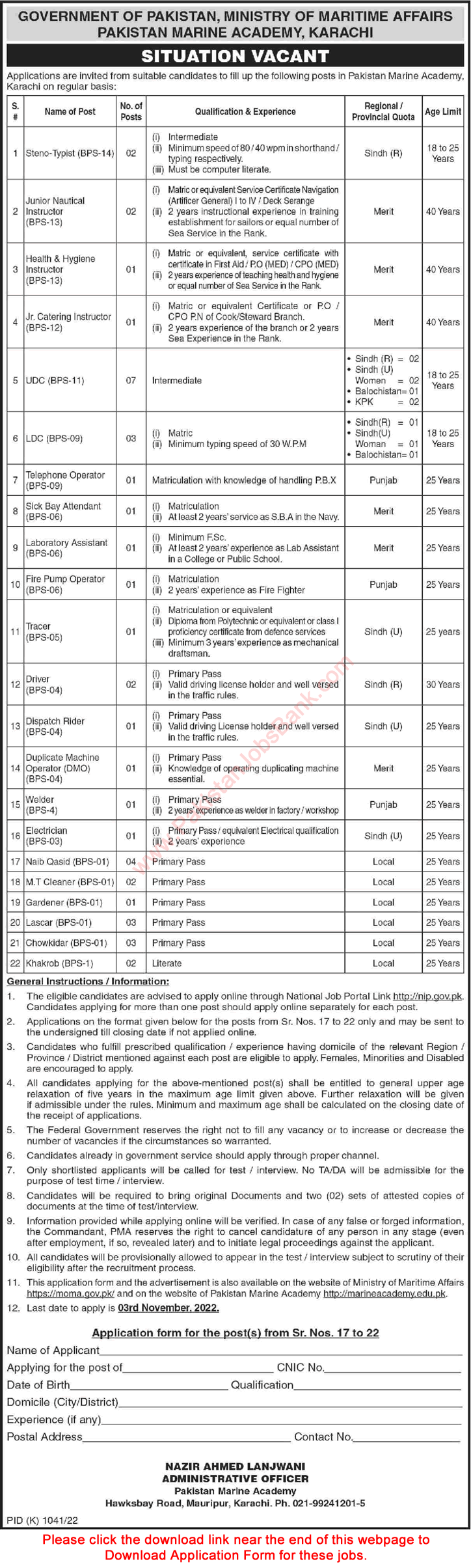 Pakistan Marine Academy Karachi Jobs October 2022 Application Form Ministry of Maritime Affairs Latest