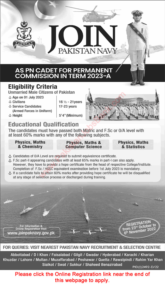 Join Pakistan Navy as PN Cadet October 2022 Online Registration Permanent Commission in Term 2023-A Latest