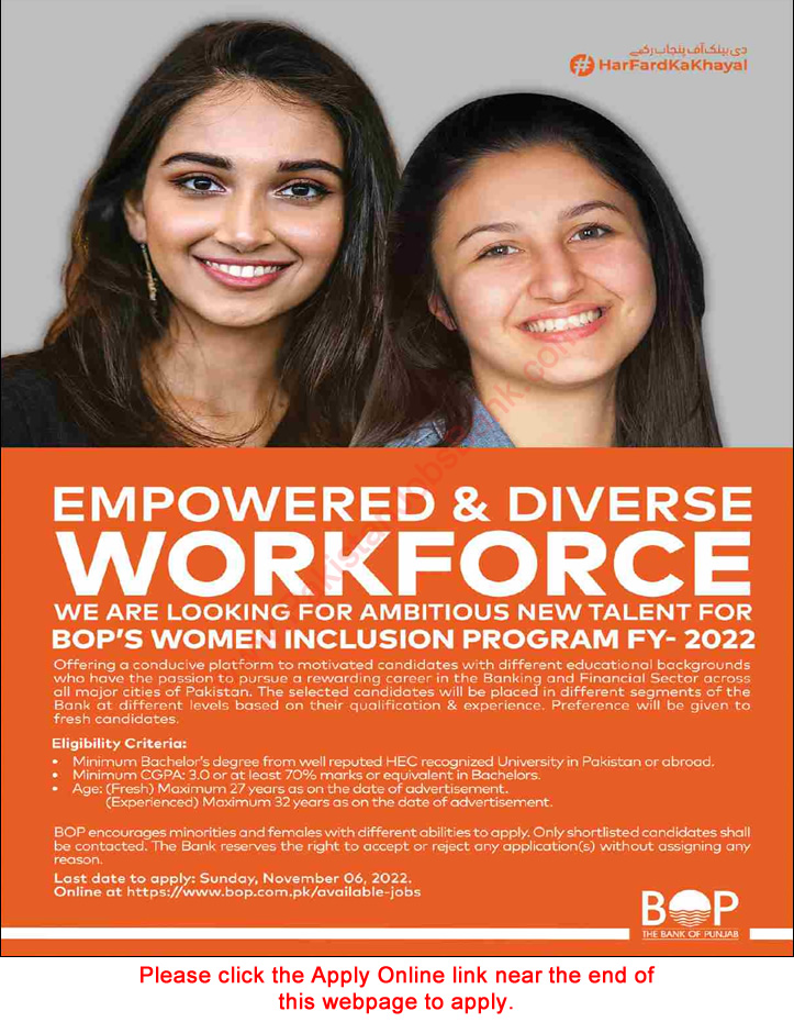 Bank of Punjab Women Inclusion Program 2022 October BOP Jobs Apply Online Latest