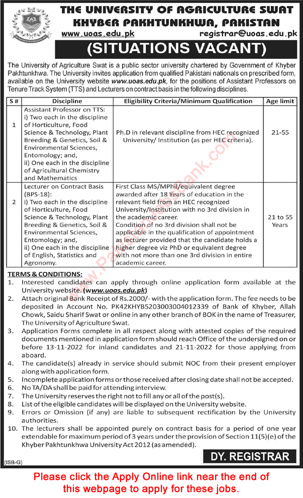 Teaching Faculty Jobs in Agriculture University Swat 2022 October Apply Online Latest