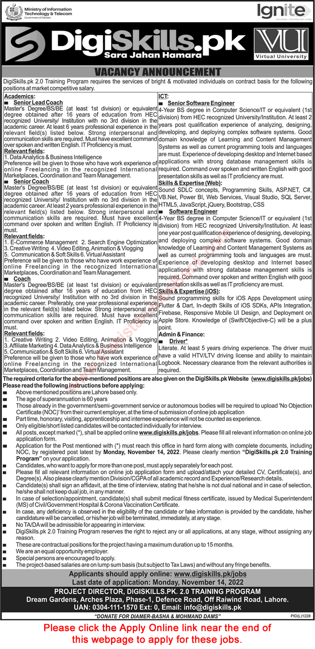 Digiskills Pakistan Jobs October 2022 November Apply Online Senior Lead Coaches & Others Virtual University Latest