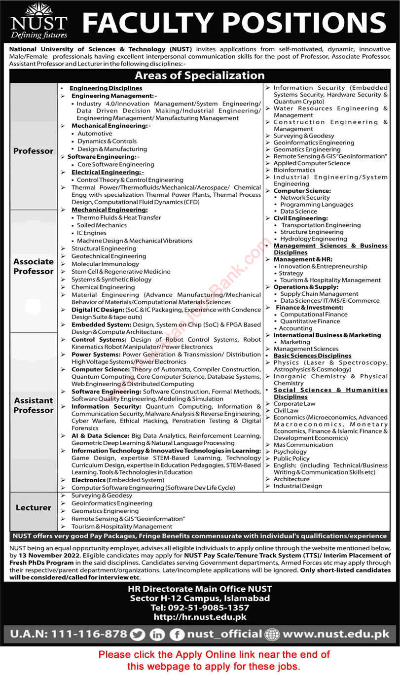 Teaching Faculty Jobs in NUST University Islamabad October 2022 November Apply Online Latest