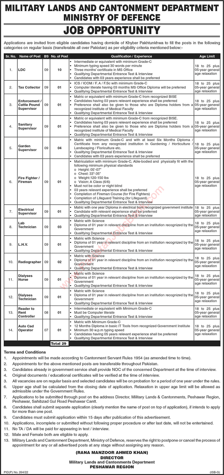 Military Lands and Cantonment Department Peshawar Jobs November 2022 ML&C Clerks & Others Latest