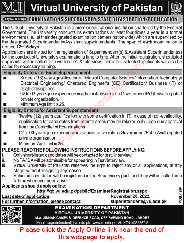 Virtual University of Pakistan Jobs November 2022 Apply Online Assistant / Exam Superintendents Latest