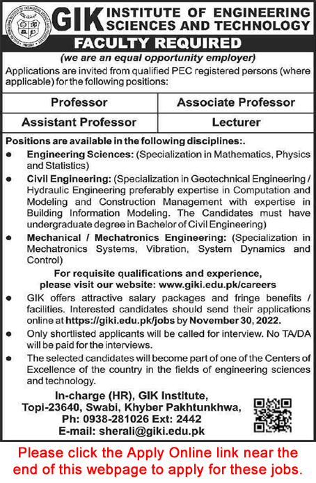 GIK Institute of Sciences and Technology Swabi Jobs November 2022 Apply Online Teaching Faculty Latest