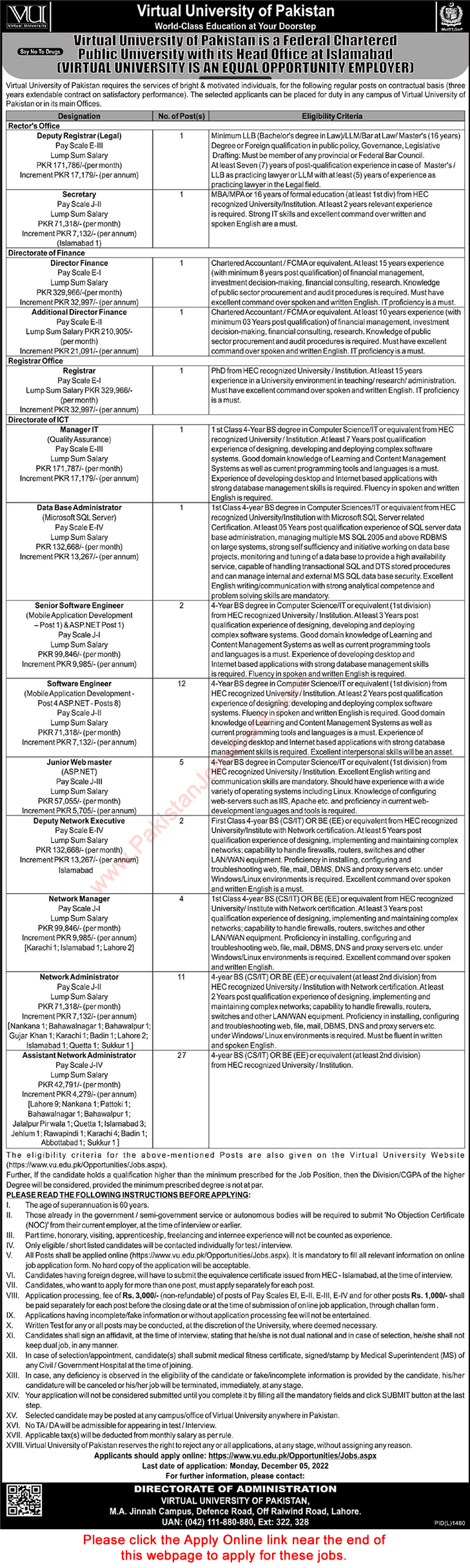 Virtual University Jobs November 2022 VU Apply Online Network Administrators, Software Engineers & Others Latest