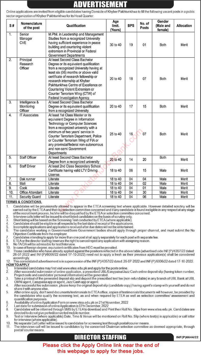 Public Sector Organization KPK Jobs November 2022 ETEA Online Apply Office Attendants & Others Latest