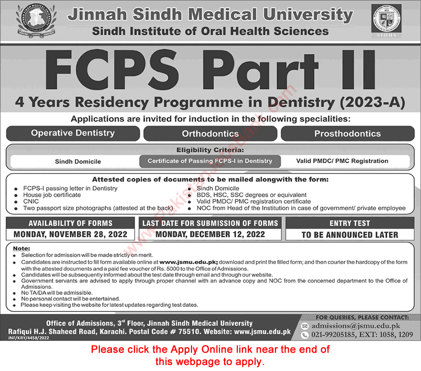 Jinnah Sindh Medical University FCPS Residency Training Program 2022 November / December Apply Online Latest