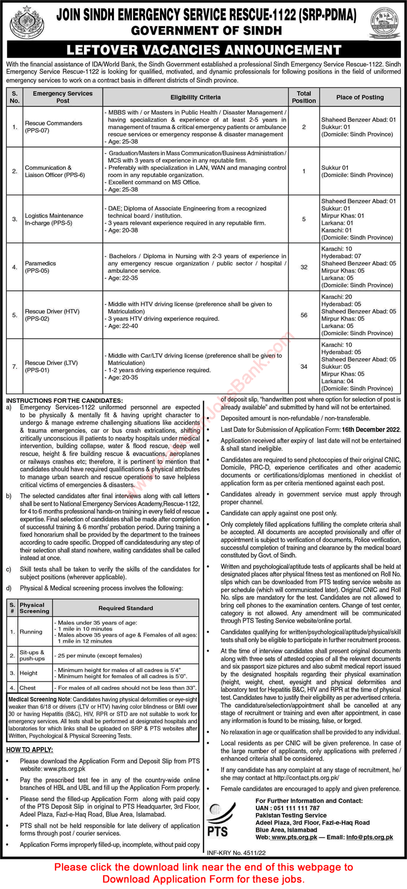 Sindh Emergency Service Rescue 1122 Jobs December 2022 PTS Application Form Rescue Drivers, Paramedics Staff & Others Latest