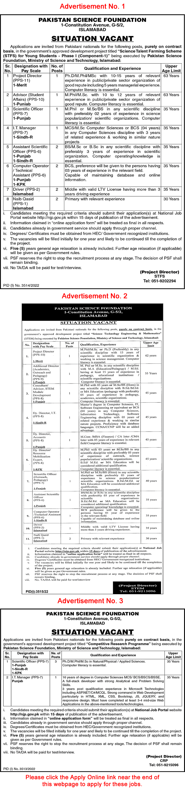 Pakistan Science Foundation Jobs 2022 December PSF Apply Online Scientific Officers & Others Latest