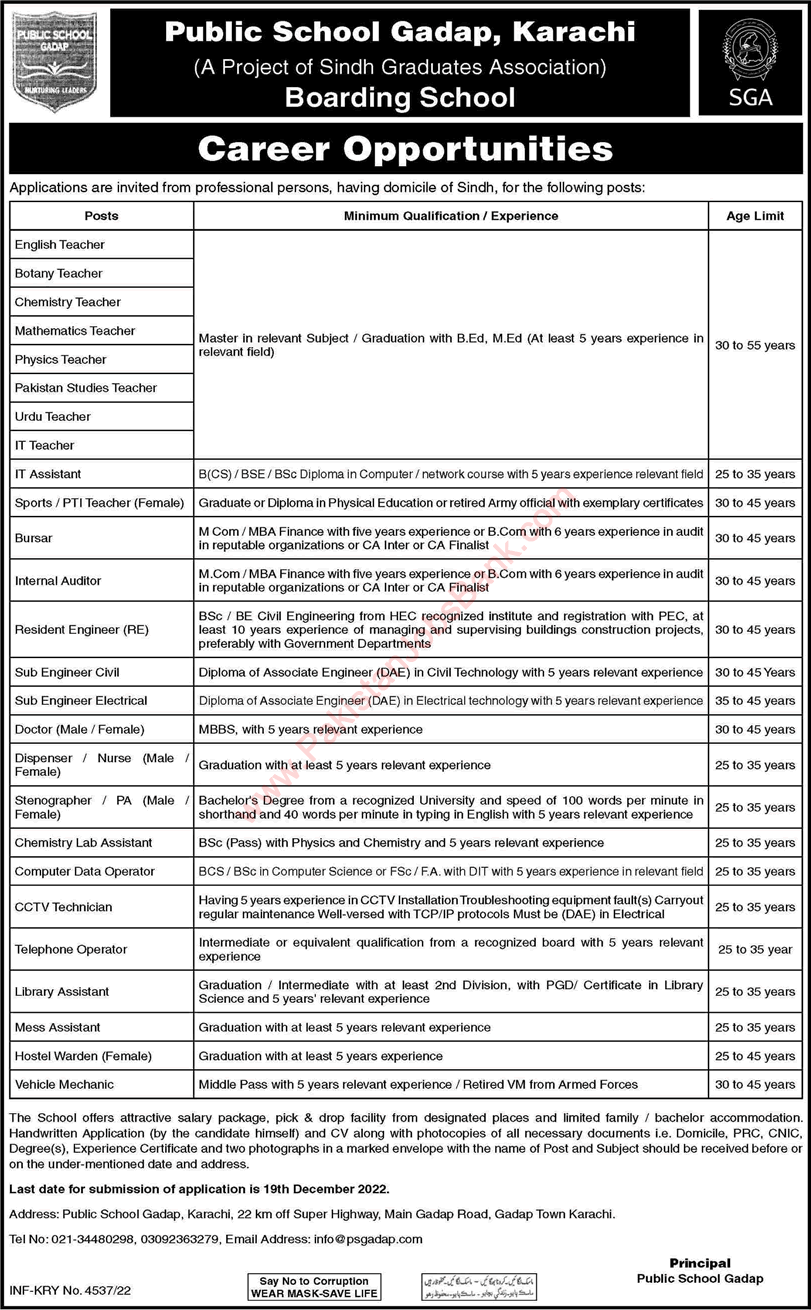 Public School Gadap Karachi Jobs 2022 December Teachers & Others Latest