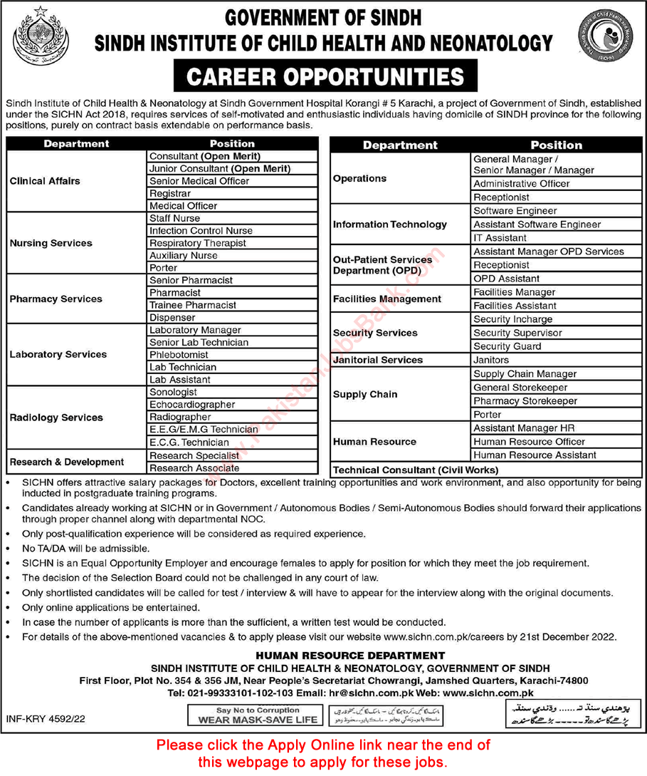 Sindh Institute of Child Health and Neonatology Karachi Jobs December 2022 Online Apply Children Hospital Latest