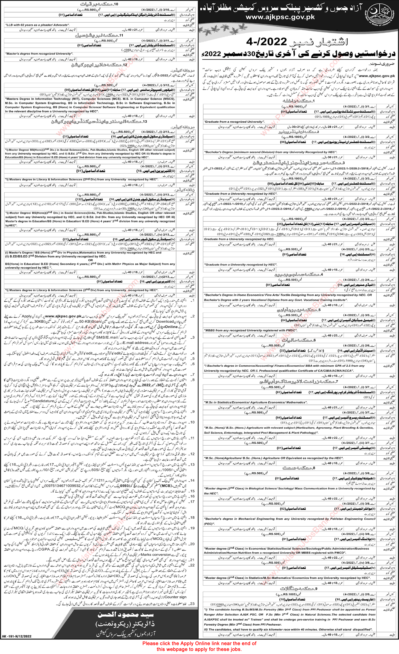 AJKPSC Jobs December 2022 Online Apply Advertisement No 4/2022 04/2022 Latest