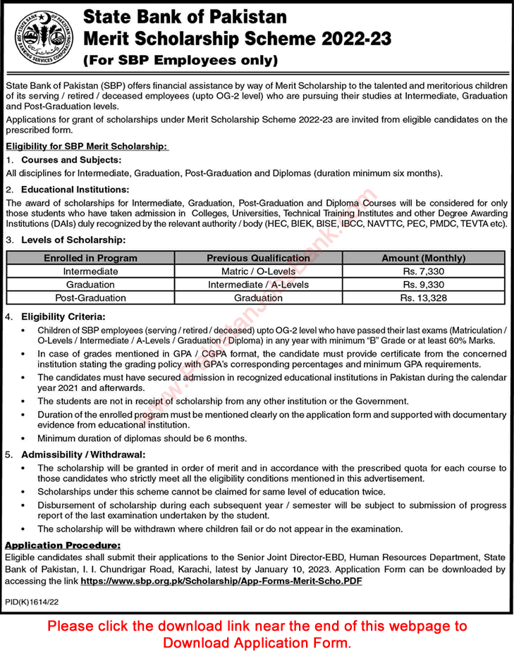 State Bank of Pakistan Merit Scholarship Scheme December 2022 Application Form for SBP Employees Children Latest