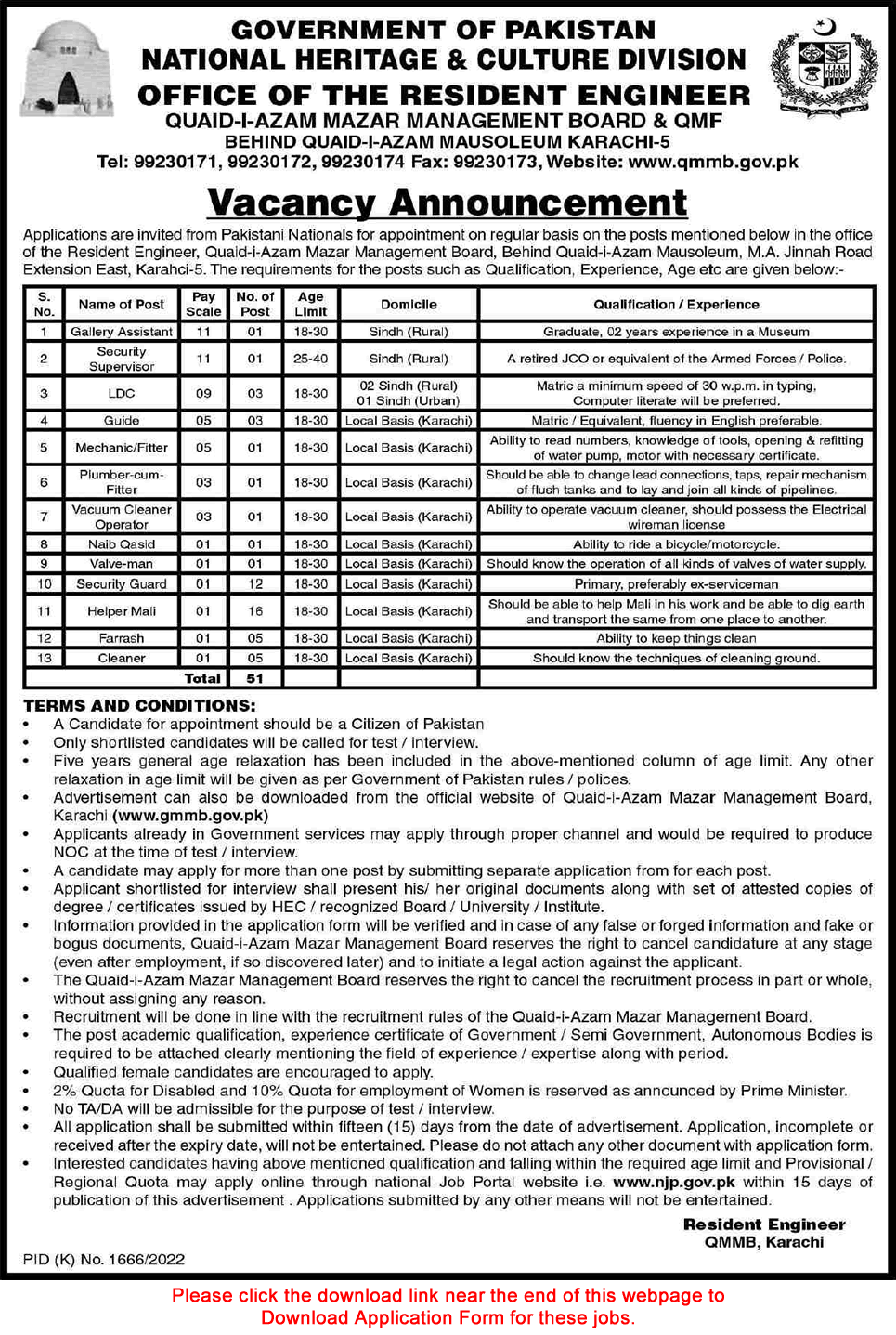National Heritage and Culture Division Karachi Jobs 2022 December QMMB Online Application Form Latest