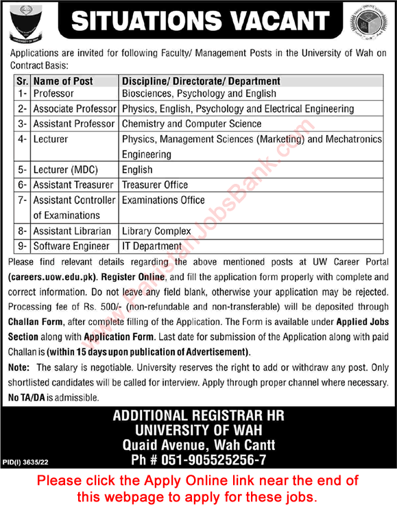 University of Wah Jobs December 2022 Apply Online Teaching Faculty & Others Latest