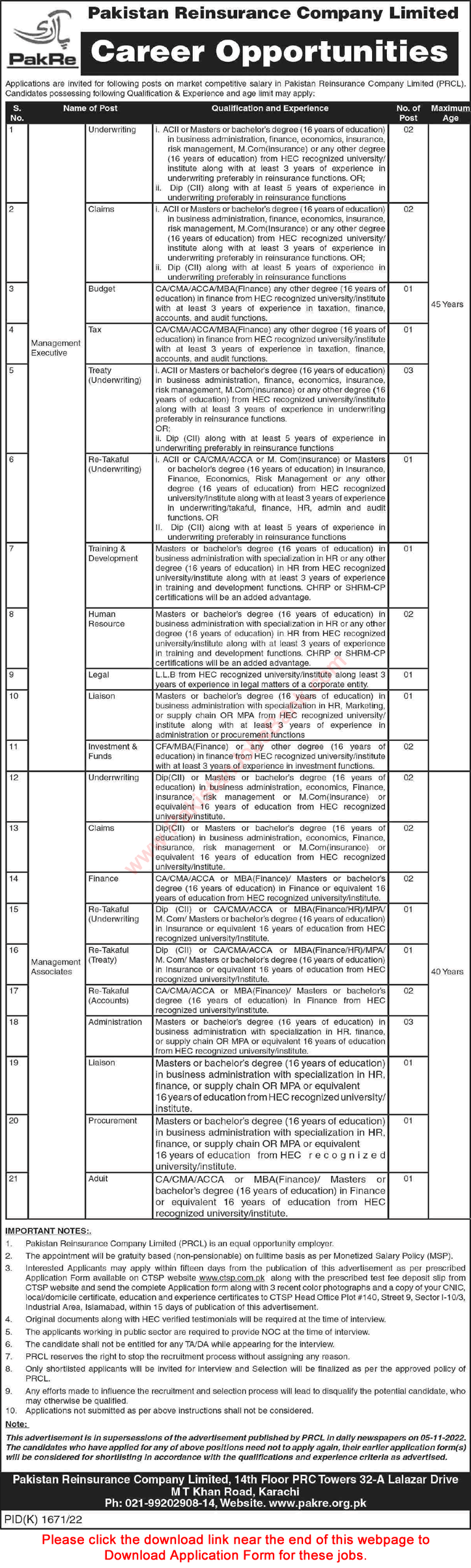 Pakistan Reinsurance Company Limited Jobs 2022 December PakRe CTSP Application Form Management Executives & Associates Latest