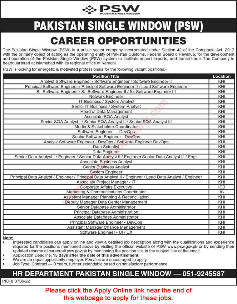 Pakistan Single Window Jobs December 2022 PSW Online Apply Software Engineers, SQA Analysts & Others Latest