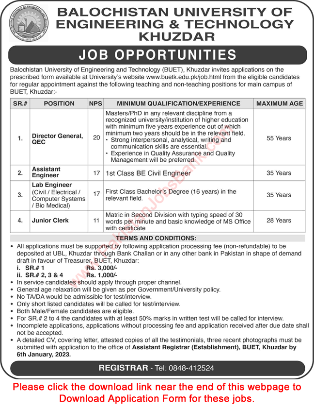 Balochistan University of Engineering and Technology Khuzdar Jobs December 2022 Application Form Latest