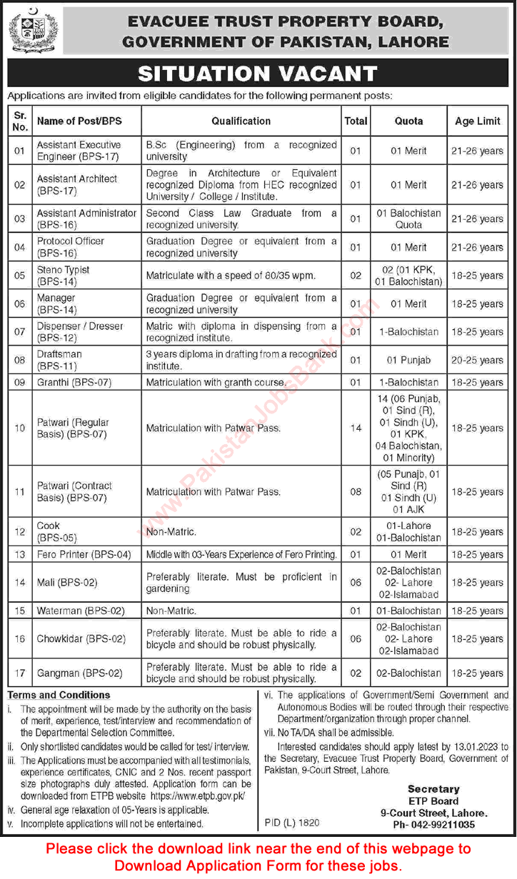 Evacuee Trust Property Board Lahore Jobs December 2022 ETPB Application Form Patwari & Others Latest