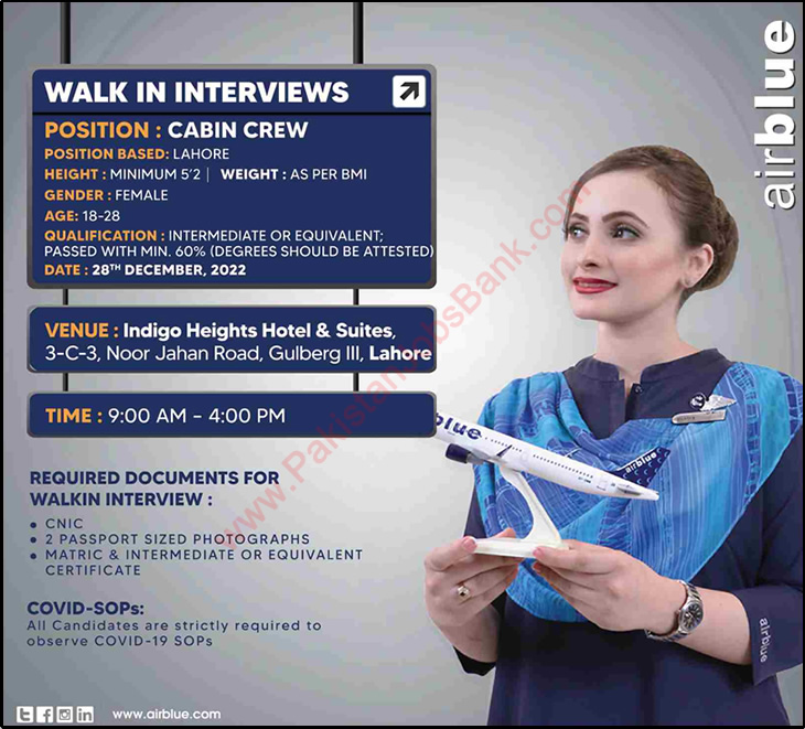Airhostess Jobs in Air Blue December 2022 Walk in Interview Female Cabin Crew Latest