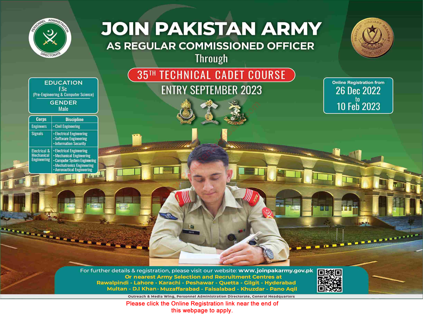 Join Pakistan Army through 35th Technical Cadet Course December 2022 / 2023 Online Registration as Regular Commissioned Officer Latest