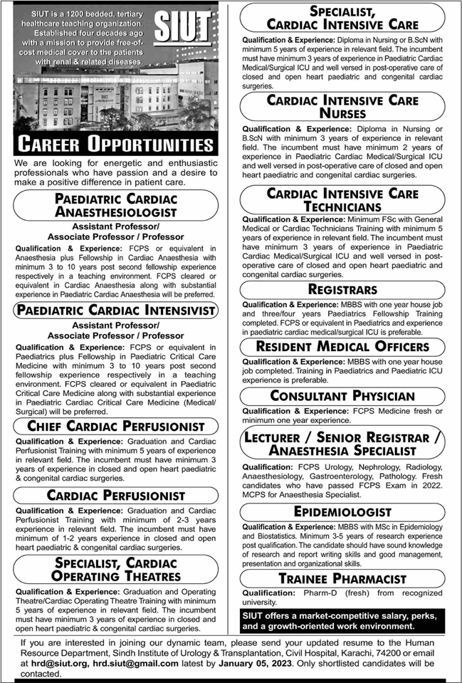 SIUT Hospital Karachi Jobs December 2022 Medical Officers, Specialists, Nurses & Others Latest