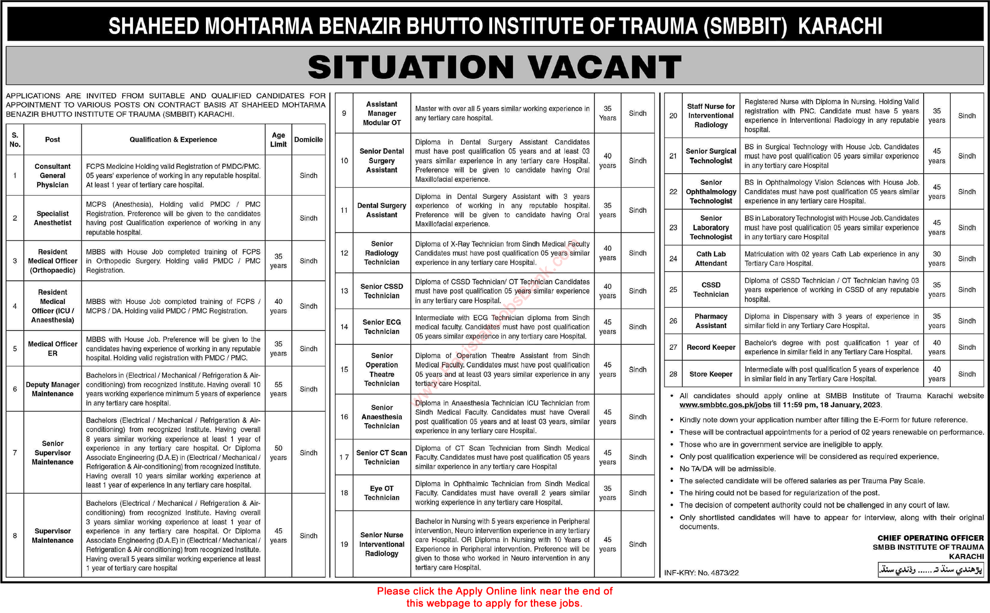 Shaheed Mohtarma Benazir Bhutto Institute of Trauma Karachi Jobs 2023 SMBBIT Online Apply Latest