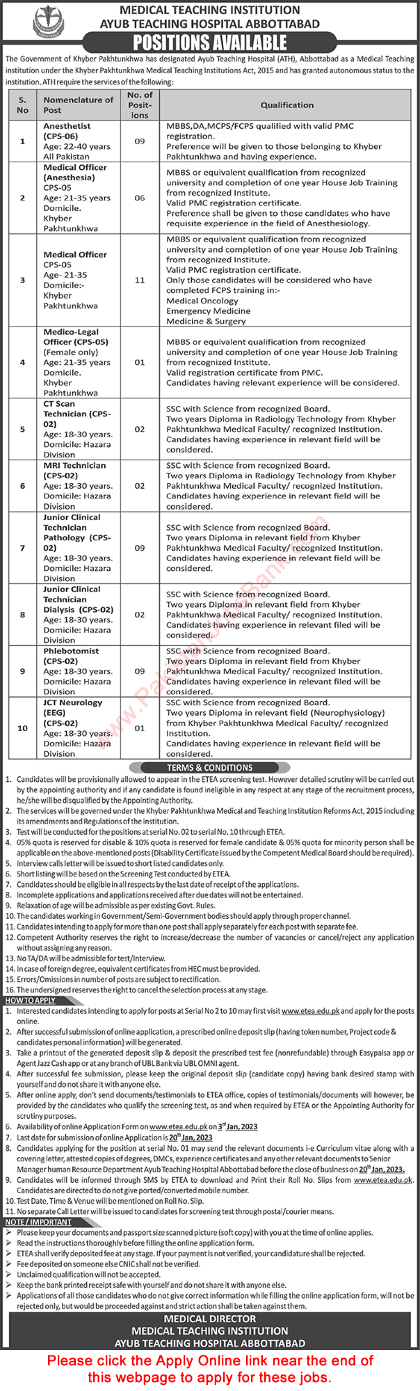 Ayub Teaching Hospital Abbottabad Jobs 2023 ETEA Apply Online MTI Medical Officers & Others Latest
