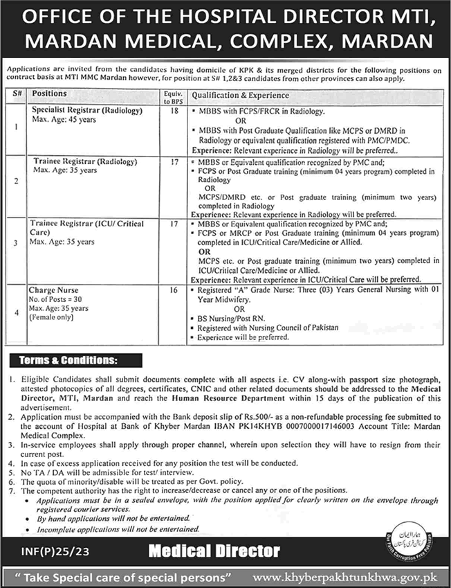 Mardan Medical Complex Jobs 2023 MTI Charge Nurses & Trainee / Specialist Registrars Latest