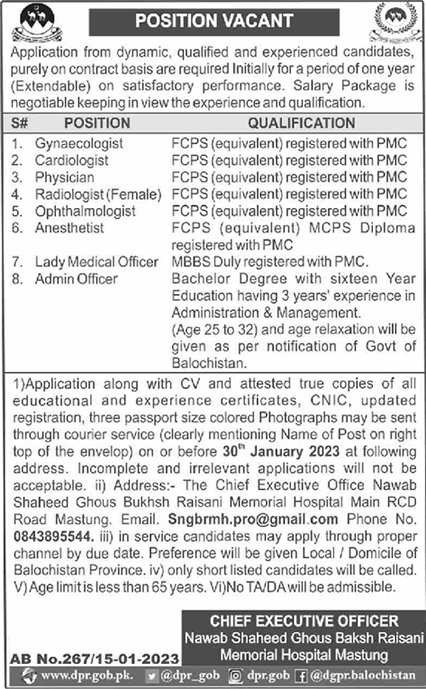 Nawab Shaheed Ghous Bakhsh Raisani Memorial Hospital Mastung Jobs 2023 Medical Officers & Others Latest