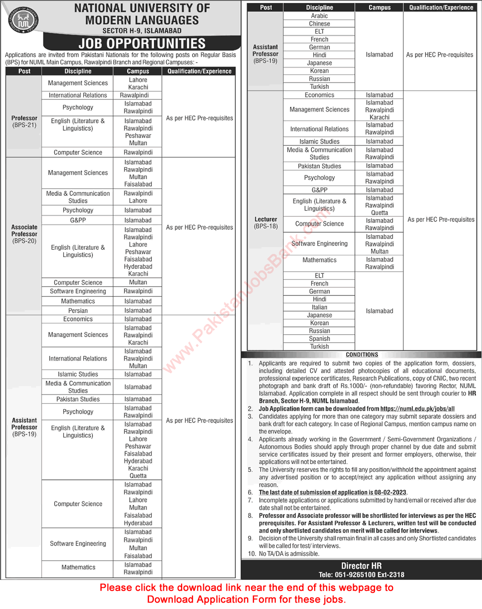 Teaching Faculty Jobs in NUML University 2023 Application Form Latest